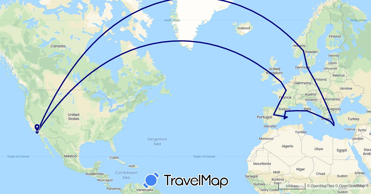 TravelMap itinerary: driving in Denmark, Spain, France, United Kingdom, Greece, Italy, Norway, United States (Europe, North America)